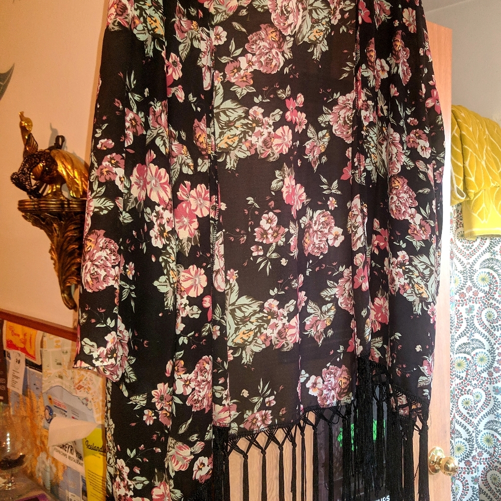 Floral Print Kimono with Tassels